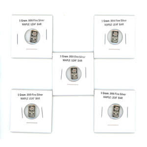 Lot of (5) x 1 Gram .999 Fine Silver Maple Leaf Bar  Pure Silver Art Bar
